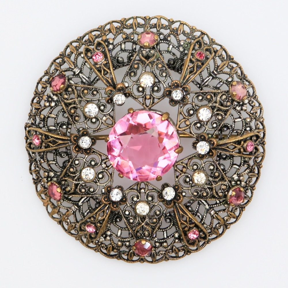 Antique Czech Art Deco Filigree Pink Glass Rhinestone Brooch Pin 1920s-1930s